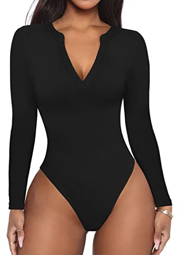 REORIA Women's Casual Sexy V Neck Fitted Long Sleeve T Shirts Work Slimming Ribbed Thong Leotards Bodysuits Tops Black Medium