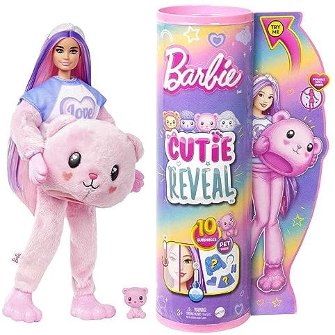 Barbie Coffret Poupée Mannequin Cutie Reveal Série T-Shirt Confort Incluant Un Ourson en Peluche Et 10 Surprises, Série T-Shirt Confort « Love », Jouet Enfant, A Partir De 3 Ans, HKR04
