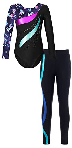 Runhomal Zweiteilige Turnanzug Mädchen Gymnastikanzug Metallisch Ballettbody Tanzbody + Tanzhose Leggings Strumpfhose Ballettkleidung Dunkelblau 110-116