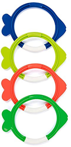 Acan Tradineur - Set de 4 Aros de Colores con Forma de pez para Buceo, plástico, Juegos acuáticos, Piscina, coordinación Mano-Ojo, Conciencia del Espacio, natación, niños, 19 x 14,5 cm