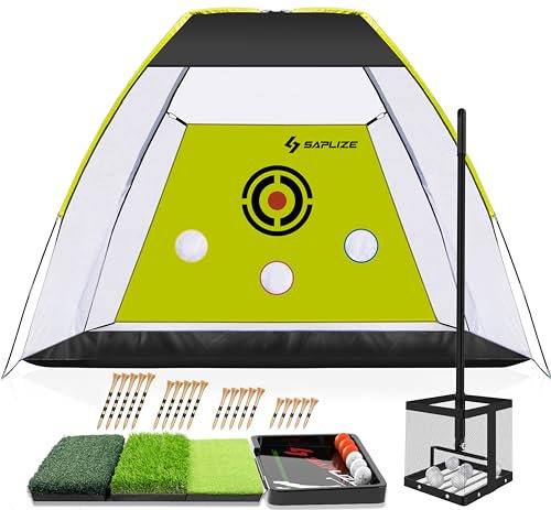 SAPLIZE Innovative Golf Practice Net, 10 x 7 ft High Impact Golf Hitting Aid Net with Golf Mat, Tees, Balls, Ball Tray and Ball Retrievers for Backyard Driving, Chipping