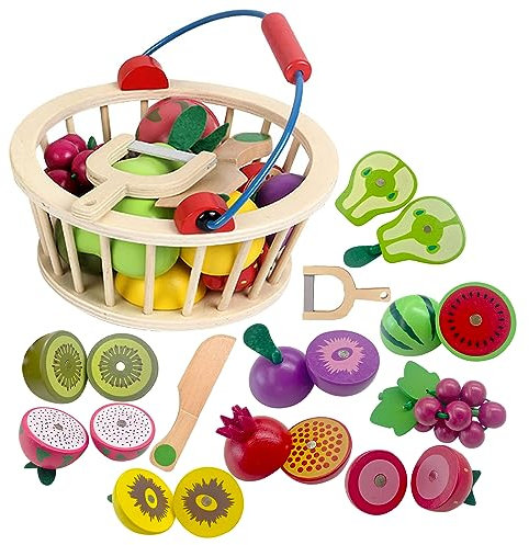 Smartwo Frutas Madera Juguete para Cortar, Comida Madera Juguete para Cocinita, Frutas y Verduras Juguete con Cesta, Accesorios Cocinita Infantil, Cocina Juguete de Madera, Regalo Niños 2 3 4 5 Años