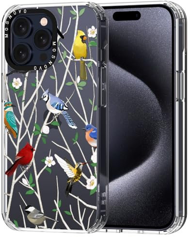MOSNOVO Case for iPhone 15 Pro Max, [Buffertech 6.6ft Military-Grade Drop Protection] [Anti Peel Off Tech] Clear TPU Bumper Phone Case Cover Design - Wild Bird
