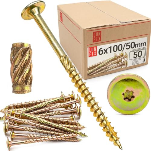 Lun Fix Viti a testa piatta, 6 x 100 mm, 50 pezzi, TX30, testa piatta/nervature per fresatura, zincate, viti Torx, viti per legno, viti a testa piatta per legno, viti da costruzione