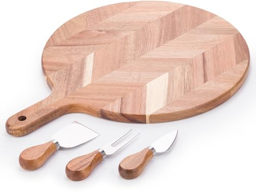 Woodluv Herringbone Pattern Acacia Wood Cheese Board Set Pizza Cutting Board Cake Serving Board with Three Cheese, Wooden Snack Canape Platter