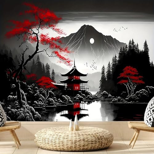 FENDROM Wandteppich mit japanischem Aquarell, schwarze und rote Sonne, asiatischer Anime-Mount Fuji-Kirschblüten-Dekorationen, Naturlandschaft, Wandbehang für Schlafzimmer, Wohnzimmer, Heimdekoration