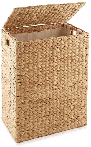 Casafield Large Laundry Hamper with Lid and Removable Liner Bag - Natural, Woven Water Hyacinth Rectangular Laundry Basket Sorter for Clothes and Towels