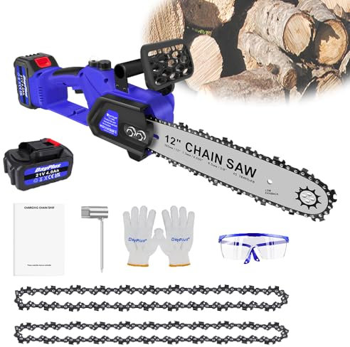 12 Zoll Akku-Kettensägen, Kabellose Kettensäge mit Bürstenlosem Motor und 4000mAh Akku, 600w Tragbare Elektrische Baumsäge mit Sicherheitsverriegelungstaste für Äste, 2 Ketten, 20ml Ölkapazität