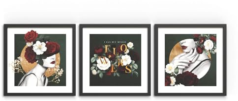 Bilder Set Belle 3x 30x30 cm (AUFHÄNGFERTIG) mit hochwertigem schwarzem Rahmen - Sinnliche Schönheit für Ihr Zuhause - Verführerische Rosen und Frauenporträts für Wohnzimmer Schlafzimmer Flur Büro