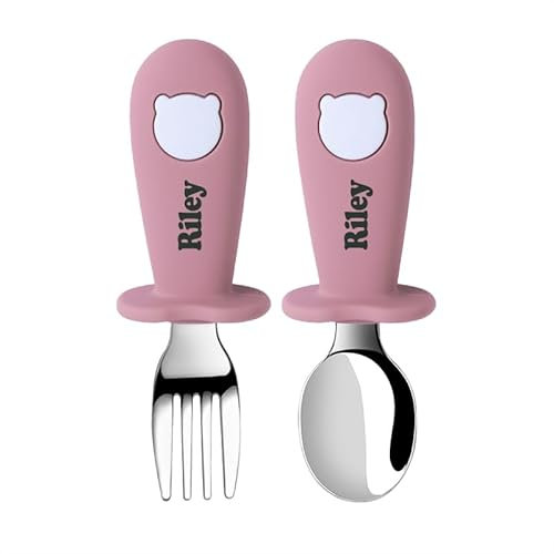 TYRY.HU Cucchiai e Forchette Posate con Nome Personalizzata Posate in Acciaio Inossidabile Silicone per Bambini e Neonati con Design Antisoffocamento