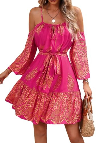 Damen Kleid Lange Laterne Ärmel Sexy Off The Shoulder Rüschen Elastische Taille A-Linie Casual Print Kurzes Boho U-Ausschnitt Sundress (Rosenrot,XS)