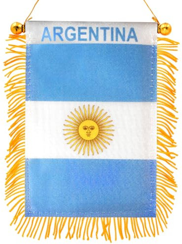Anley Bandera Argentina para Colgar en Ventana con Flecos de 4 x 6 Pulgadas - Mini Bandera y decoración para Espejo retrovisor de Auto - Bandera Argentina con Flecos y Ventosa