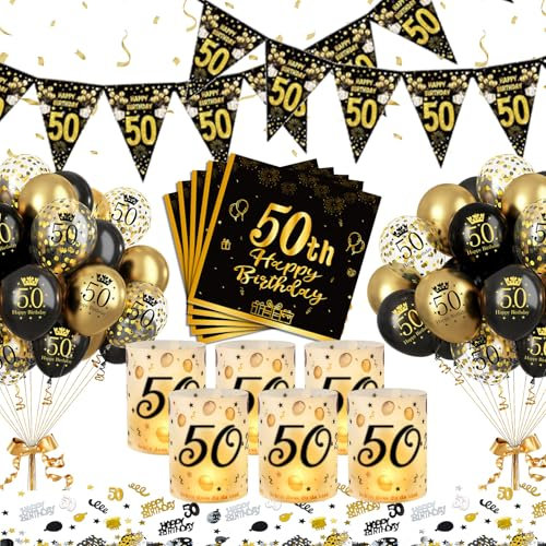 Puosike 50 Geburtstag Tischdeko Mann Frau, 50. Schwarz Gold Geburtstag Deko Luftballons, Happy Birthday Partydekorationen Set mit Windlicht Konfetti Servietten Banner