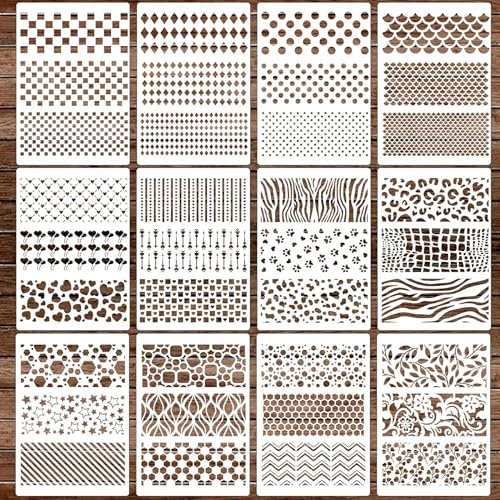 12 Stück Schablonen Wandgestaltung Set,A4 Schablone für Handwerke wiederverwendbare Malerei,Kunststoff Malerei Schablonen für Malerei auf Holz,Möbel Wand Home Decor DIY Scrapbooking