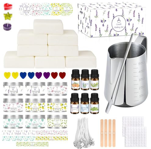 LDUMODUW Set di candele fai da te, kit fai da te per adulti, principianti, candele profumate, set regalo con cera d'api 480 g, 9 barattoli di candela, 8 colori di candela, stoppini