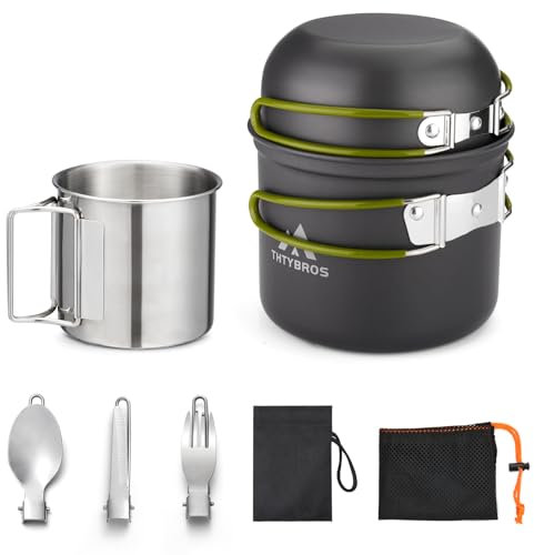 Juego de utensilios de cocina de camping de acero inoxidable, kit de desorden de ollas con taza, cubiertos