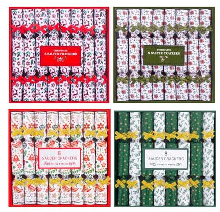 YöL Pack of 32 Mini Saucer Christmas Crackers Afternoon Tea Breakfast Xmas Table Decor Holly Green Gold Red Reindeers