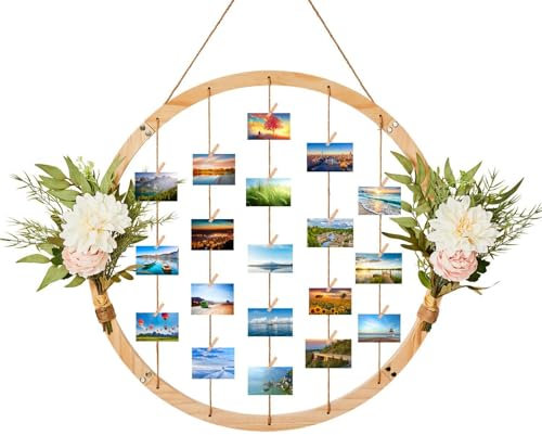 Großer Holz-Bilderrahmen für die Wand, 60 cm, zum Aufhängen, rund, mit künstlichen Blumen und 15 Clips, verstellbare Schnur, Collage, Kunstwerke, Drucke, Multi-Polaroid-Bilder, Organizer und hängende