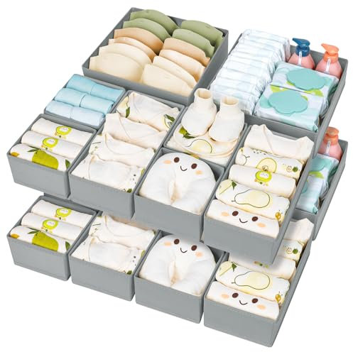Homsorout 15 Pack Drawer Organisers Foldable Storage Box - Fabric Clothes Wardrobe Dresser Organization Drawer Dividers Cubes for Socks, Underwear, Ties, Bedroom, Grey