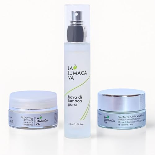 LA LUMACA VA Kit Skincare Viso 3 in 1 Bava di Lumaca e Acido Ialuronico Siero Anti Imperfezioni, Crema Viso Nutriente, Contorno Occhi Antiage, Illuminante, Lenitivo, Rimpolpante – Made in Italy