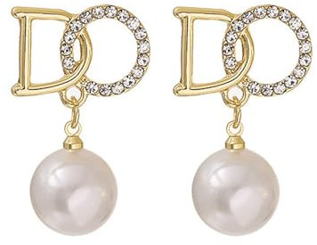 Huacan Ohrstecker Damen mit Perle Anhänger Buchstaben Eingelegt Zirkon Design Ohr Stecker Gold Farbe Luxuriöser Ohrringe für Frauen Mädchen Modeschmuck Perfekt in Alltag Verlobung und Party