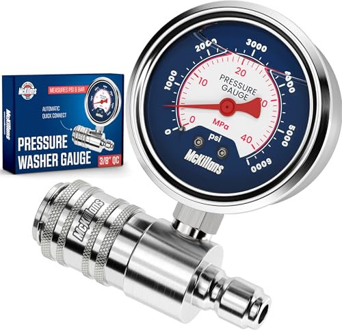 McKillans® High Pressure Washer Gauge - Push-to-Connect 3/8 Automatic Quick Connect - Stainless Steel - up to 6000 PSI - Measure Both PSI and MPa - Power Washer Pressure Gauge