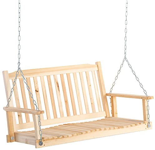 Outsunny Banco Columpio de Madera de 2 Plazas Banco Balancín Colgante con Reposabrazos Cadenas Ajustables y Diseño Listones Carga 200 kg para Jardín Terraza Balcón 117x69x60 cm Natural