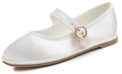 Feversole Women's Soft Breathable Mary Jane Memory Foam Cushioned Comfort Round Toe Metal Buckle Flats Walking Shoes White Satin Size UK 6
