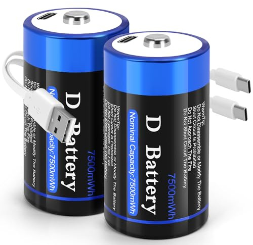 Wiederaufladbar D Batterien 2er Pack, Batterie LR20 1,5V | Lithium Akku Typ D mit Ladekabel, füR Spielzeug, Taschenlampen, Radios, Laternen