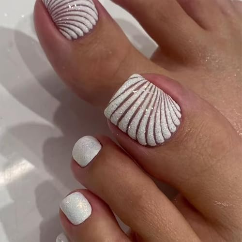BelleVive Lot de 24 ongles à pression blancs pour les orteils, courts, avec motifs de coquillages, pour l'été, pour femmes, réutilisables