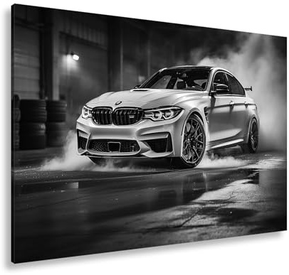 deyoli Leinwandbild Rauch und Power – ein BMW entfesselt pure Drift-Energie. Format: 120x80cm Effekt: Schwarz&Weiß XXL Kunstdruck Bild auf Keilrahmen/Wandbild/Wohnzimmer Dekoration