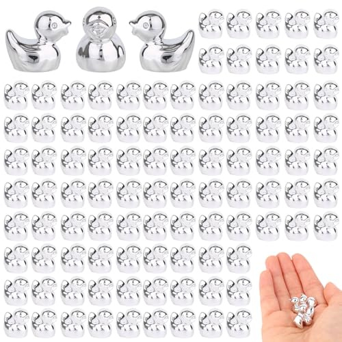 Sinbana 100 Stück Mini-Enten aus Kunstharz, Winzige Entenfiguren Mini-Tierfiguren aus Kunstharz für DIY-Miniatur Gartenlandschaften Kuchendekorationszubehör Partygeschenke (Silber)