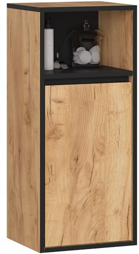 AKORD Badezimmer Hängeschrank VAMI 35 cm - Bad Hängeschrank 1 Tür 3 Regalböden - Hängeschränke fürs Bad - Wandschrank Hängend - Robuste - B35xH80xT30 cm - Handwerkliche Eiche & Schwarz