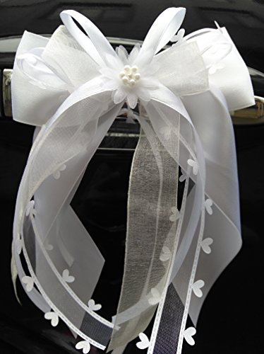 Miya@ 10 hochwertige Handgemacht Weiss Antenneschleifen mit Herzschleifen aus Satin, Auto Schleifen, Hochzeit Deko, Autoschmuck (5 cm Weiss)