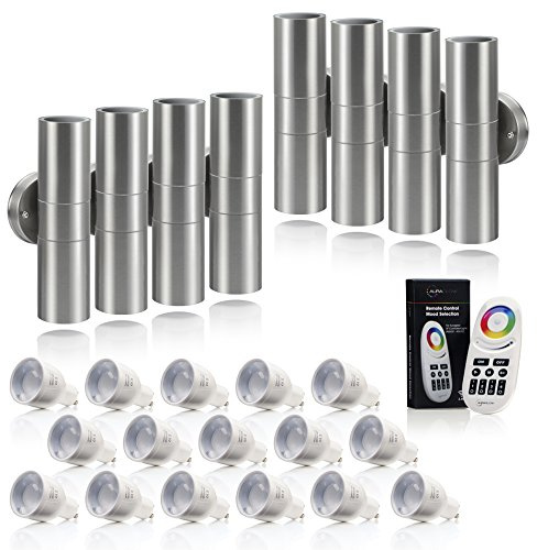 Auraglow Stainless Steel Double Up & Down Outdoor Wall Light with RF Remote Control Colour Changing LED Bulbs - 8 Pack
