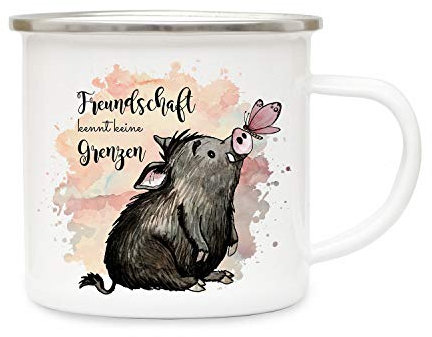 ilka parey wandtattoo-welt Emaillebecher Becher Tasse Camping Schwein & Schmetterling Spruch Freundschaft Kaffeetasse Geschenk Spruchbecher eb320
