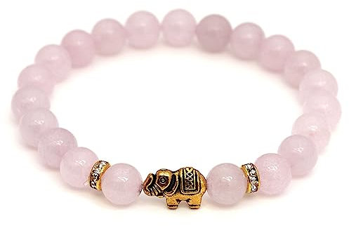 BERGERLIN Rosenquarz Armband mit echten Naturstein Perlen und Elefant