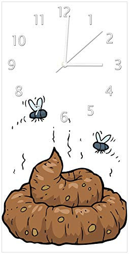 Wallario Design-Wanduhr Comic Scheißhaufen mit Fliegen aus Glas, Motiv-Uhr Größe 30 x 60 cm, weiße Zeiger