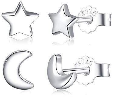 CHIC & ARTSY 2 paia orecchini a bottone a forma di stella luna in argento sterling 925 set di orecchini a forma di mezzaluna per donna