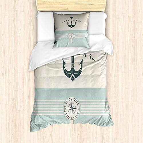 ABAKUHAUS Nautisch Bettbezug Set für Einzelbetten, Altmodisch Maritim Anker, Milbensicher Allergiker geeignet mit Kissenbezug, Seafoam Schwarz Beige