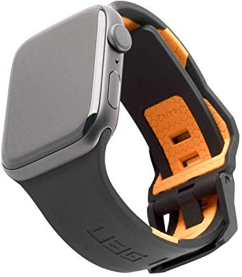 Urban Armor Gear Civilian Armband für Apple Watch 42mm / 44mm [Watch SE, Series 6 / 5 / 4 / 3 / 2 / 1, Weiches Silikon, Edelstahl Verschluss] Schwarz / Orange