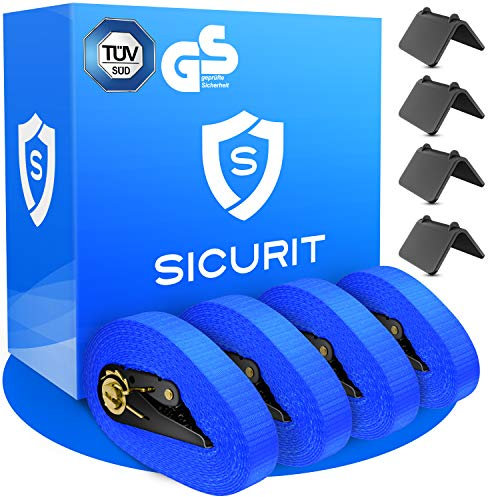 SICURIT. Spanngurte mit Ratsche – 4 Stück 6m, 1000Kg – TÜV G/S geprüft – DIN EN 12195-2 – Extrem robuste Zurrgurte - Ratschengurte zur Ladungssicherung – inkl. 4 Kantenschoner Blau