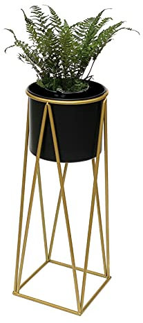 DanDiBo Blumenhocker mit Topf Metall Gold Schwarz L 70 cm Blumenständer 96046 Blumensäule Modern Pflanzenständer Pflanzenhocker