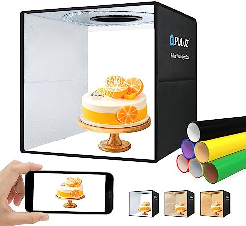 PULUZ fotobox 40x40cm zum fotografieren lichtzelt lightbox dimmbar fotozelt 144 LED 3 Farbtemperatur produktfotografie Foto Box mit 12 Farben Hintergründen