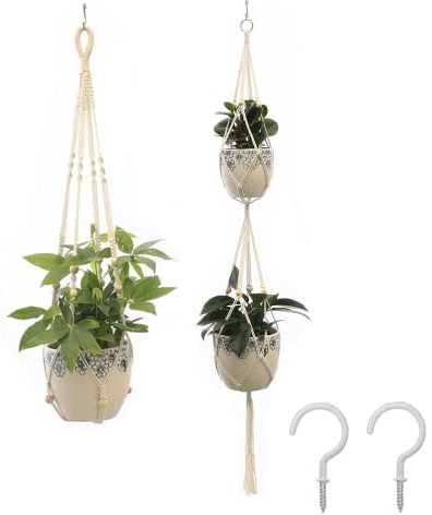 Sricam Hanging Planter, 2 Pack Macrame Plant Hangers, Rope Flower Pot Hanger for Indoor and Outdoor Patio Deck Ceiling Plant Holder With 2 Pcs Cup Hooks (A)
