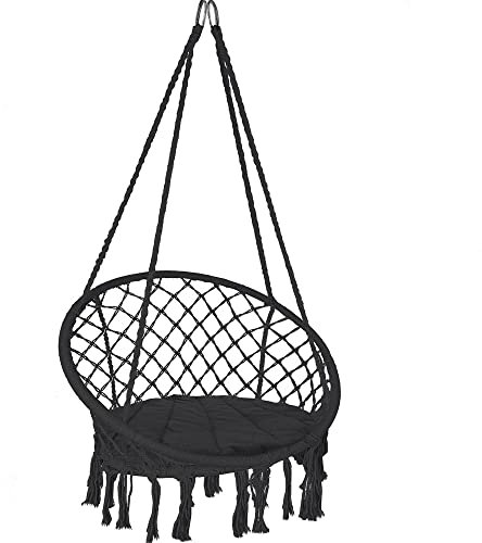 VOUNOT Hängesessel mit Kissen, Boho Hängestuhl zum Aufhängen Hängeschaukel für Erwachsene und Kinder, Indoor und Outdoor, Schwarz