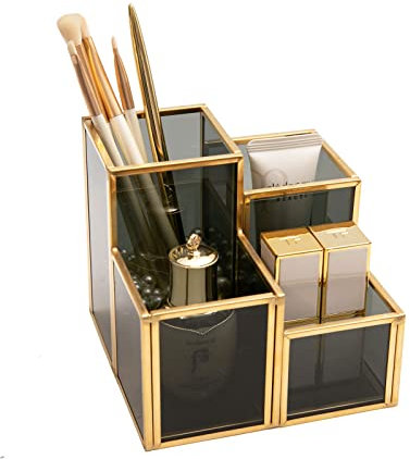 SLHEQING Make Up Organizer, Schminktisch Organizer, 4 Fächer Kosmetik Krganizer, Vintage Pinselhalter für Nagellack, Lippenstifte, Kosmetikpinsel
