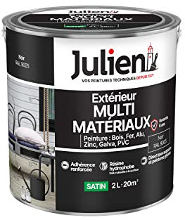Julien Peinture Multi-Matériaux Satin en phase Aqueuse - Bois, Fer, Alu, PVC, Zinc, Acier galvanisé, brut ou peint - Noir 2 L