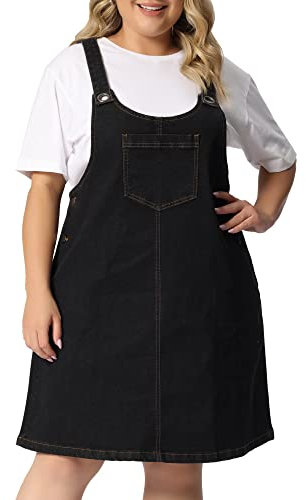 Agnes Orinda Übergröße Damen Denim Hosenträger Rock Overall Lätzchen Kleid mit Taschen Jeanskleider, Schwarz, 2X