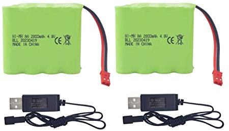 2PCS AA 4.8V 2800mah Batterie RC avec Prise JST-2P et 2PCS Ligne de Charge USB Piles Rechargeables pour Jouets électriques télécommandés Excavatrices Voitures Camions Véhicules